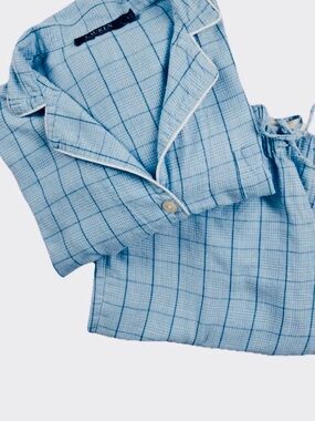 LAUREN RALPH LAUREN WOMENS PAJAMA SET LRL BLUE WINDOWPANE PLAID COTTON PJ’S SM